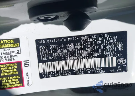 2017 Toyota Corolla Se from USA, damaged, VIN 2T1BURHE6HC825477